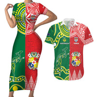 Custom Tonga XIII And Australia Kangaroos Couples Matching Short Sleeve Bodycon Dress and Hawaiian Shirt Mate Maa Tongan Ngatu With Aboriginal LT05 Red - Polynesian Pride
