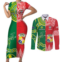 Custom Tonga XIII And Australia Kangaroos Couples Matching Short Sleeve Bodycon Dress and Long Sleeve Button Shirt Mate Maa Tongan Ngatu With Aboriginal