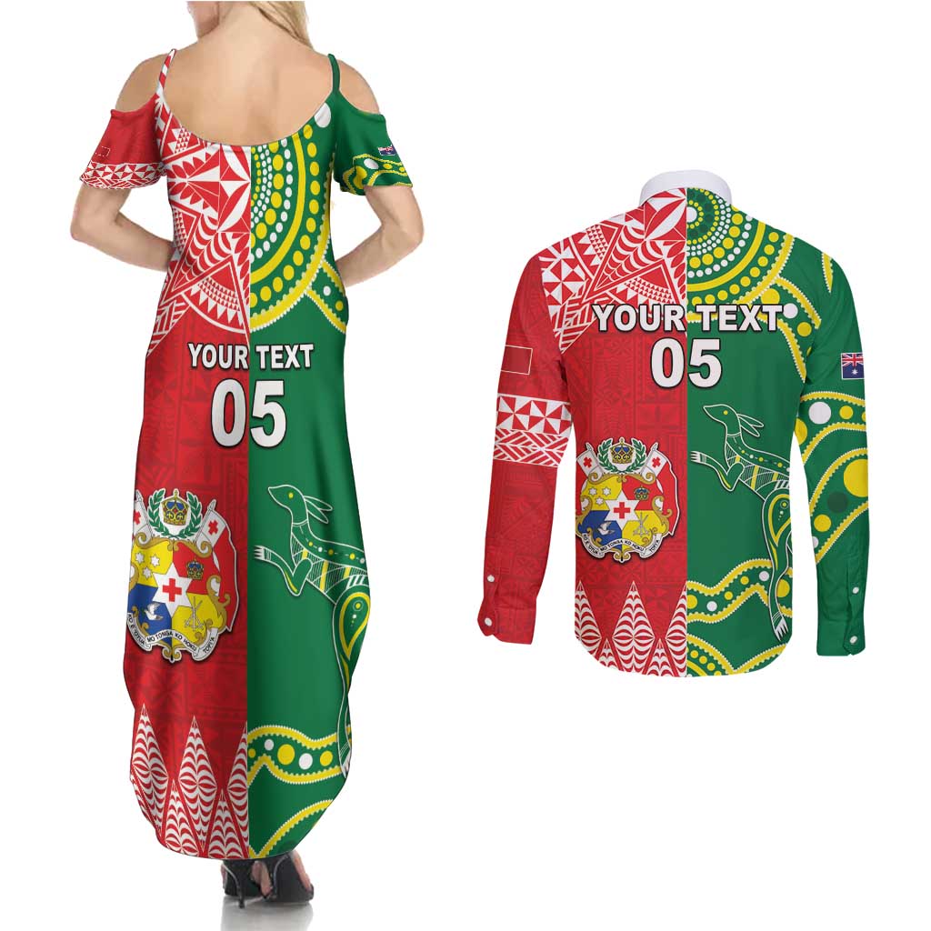 Custom Tonga XIII And Australia Kangaroos Couples Matching Summer Maxi Dress and Long Sleeve Button Shirt Mate Maa Tongan Ngatu With Aboriginal