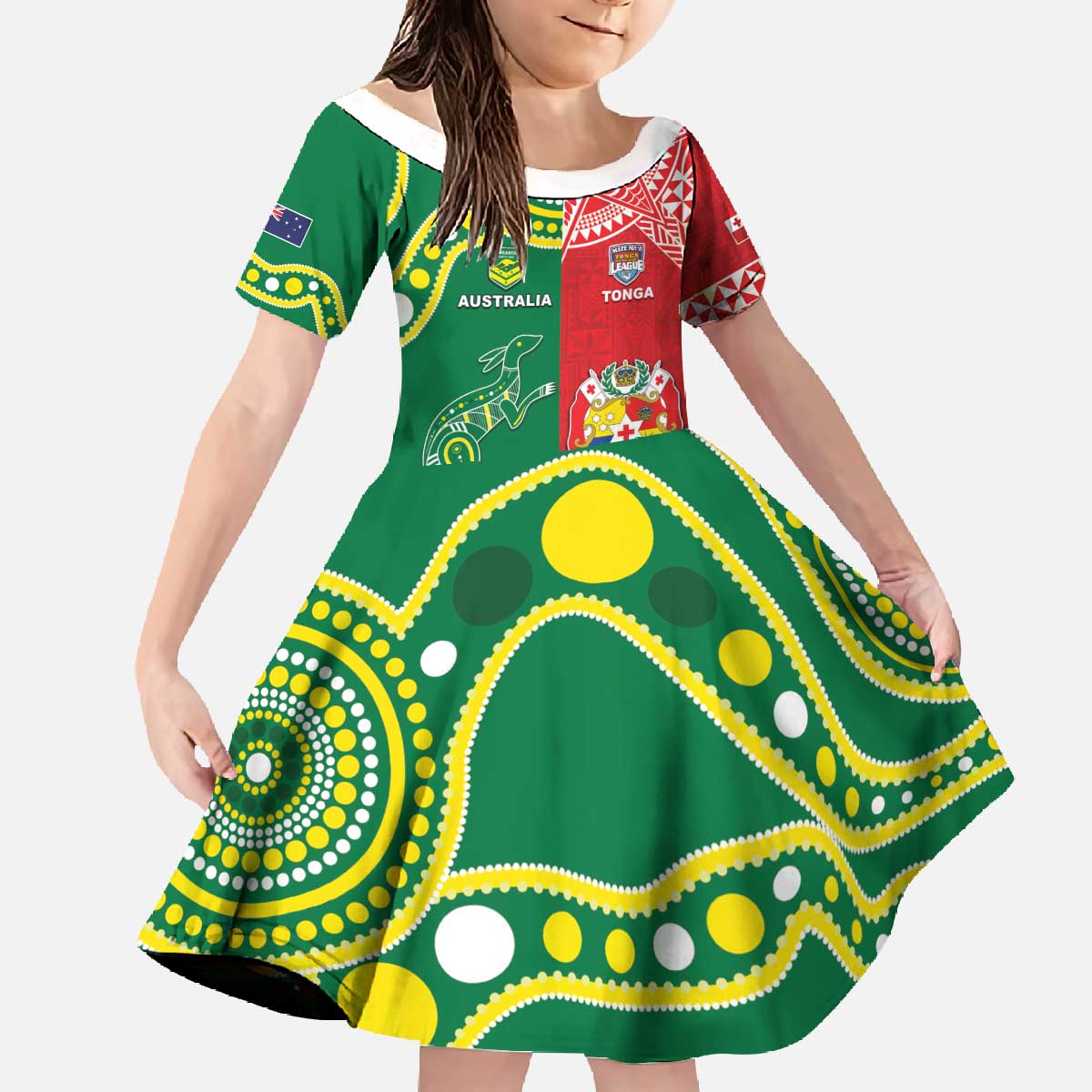 Custom Tonga XIII And Australia Kangaroos Family Matching Off The Shoulder Long Sleeve Dress and Hawaiian Shirt Mate Maa Tongan Ngatu With Aboriginal LT05 Daughter's Dress Red - Polynesian Pride