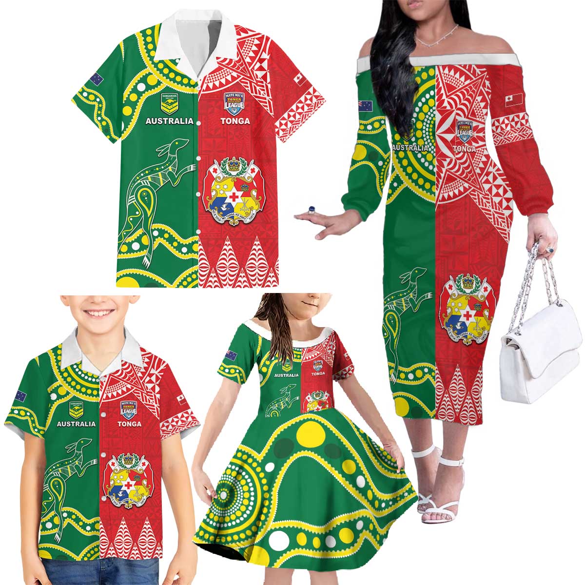Custom Tonga XIII And Australia Kangaroos Family Matching Off The Shoulder Long Sleeve Dress and Hawaiian Shirt Mate Maa Tongan Ngatu With Aboriginal LT05 - Polynesian Pride