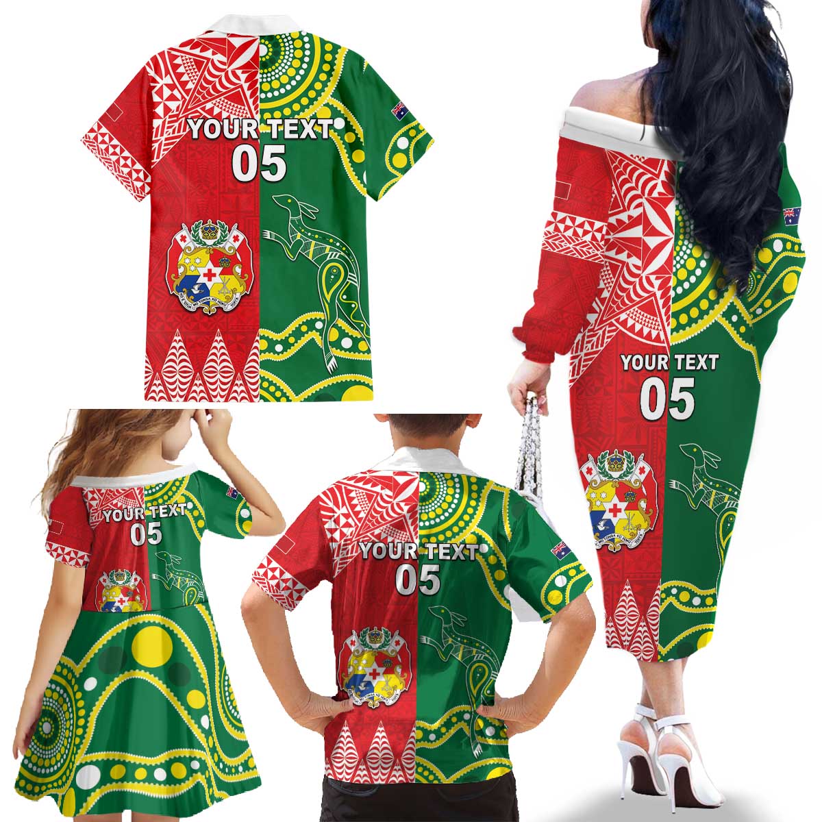 Custom Tonga XIII And Australia Kangaroos Family Matching Off The Shoulder Long Sleeve Dress and Hawaiian Shirt Mate Maa Tongan Ngatu With Aboriginal LT05 - Polynesian Pride