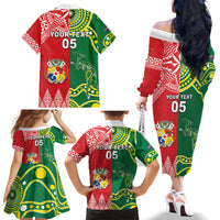 Custom Tonga XIII And Australia Kangaroos Family Matching Off The Shoulder Long Sleeve Dress and Hawaiian Shirt Mate Maa Tongan Ngatu With Aboriginal LT05 - Polynesian Pride