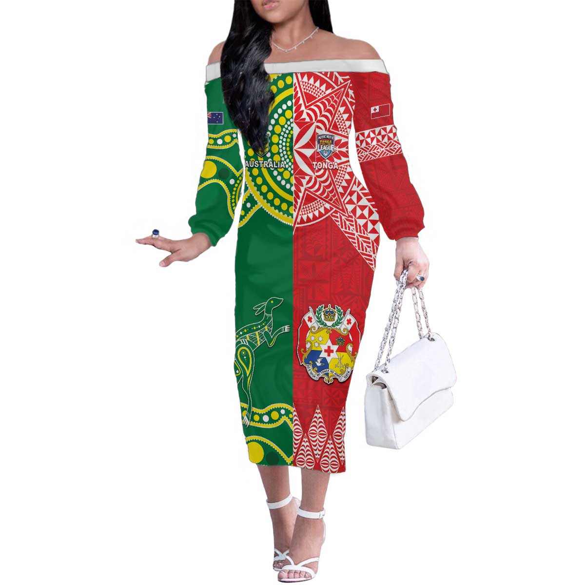 Custom Tonga XIII And Australia Kangaroos Family Matching Off The Shoulder Long Sleeve Dress and Hawaiian Shirt Mate Maa Tongan Ngatu With Aboriginal LT05 Mom's Dress Red - Polynesian Pride