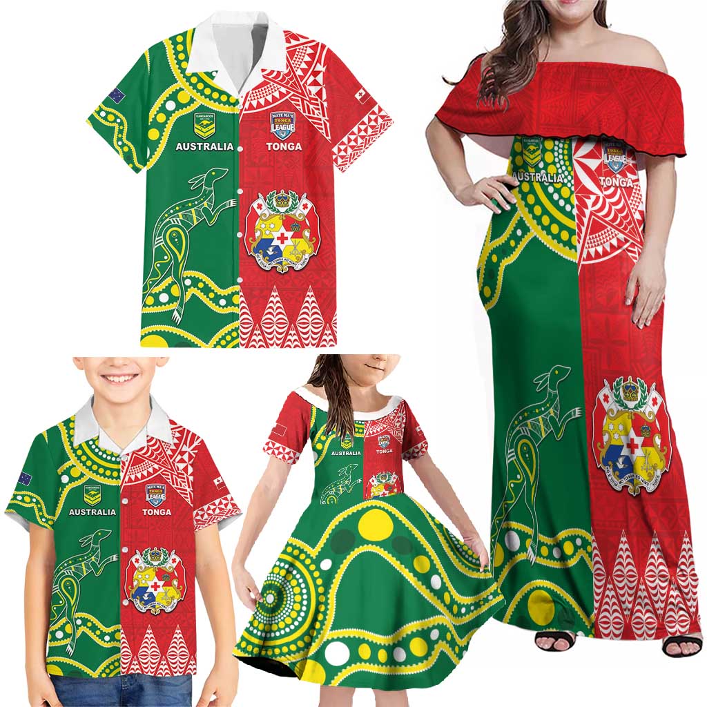 Custom Tonga XIII And Australia Kangaroos Family Matching Off Shoulder Maxi Dress and Hawaiian Shirt Mate Maa Tongan Ngatu With Aboriginal LT05 - Polynesian Pride