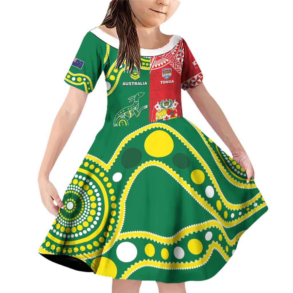 Custom Tonga XIII And Australia Kangaroos Family Matching Off Shoulder Short Dress and Hawaiian Shirt Mate Maa Tongan Ngatu With Aboriginal LT05 Daughter's Dress Red - Polynesian Pride
