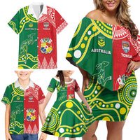 Custom Tonga XIII And Australia Kangaroos Family Matching Off Shoulder Short Dress and Hawaiian Shirt Mate Maa Tongan Ngatu With Aboriginal LT05 - Polynesian Pride