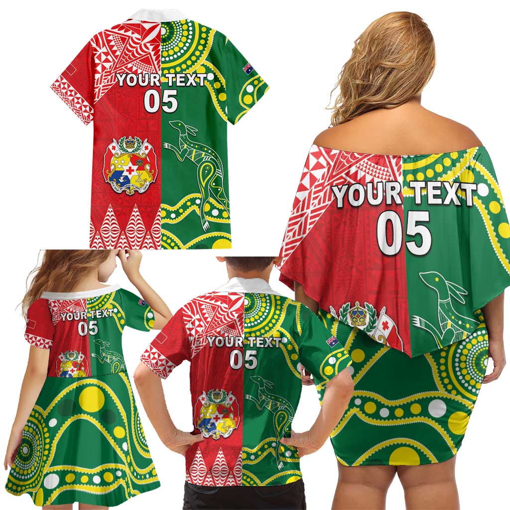 Custom Tonga XIII And Australia Kangaroos Family Matching Off Shoulder Short Dress and Hawaiian Shirt Mate Maa Tongan Ngatu With Aboriginal LT05 - Polynesian Pride