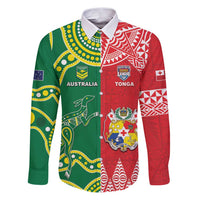 Custom Tonga XIII And Australia Kangaroos Family Matching Puletasi and Hawaiian Shirt Mate Maa Tongan Ngatu With Aboriginal LT05 Dad's Shirt - Long Sleeve Red - Polynesian Pride