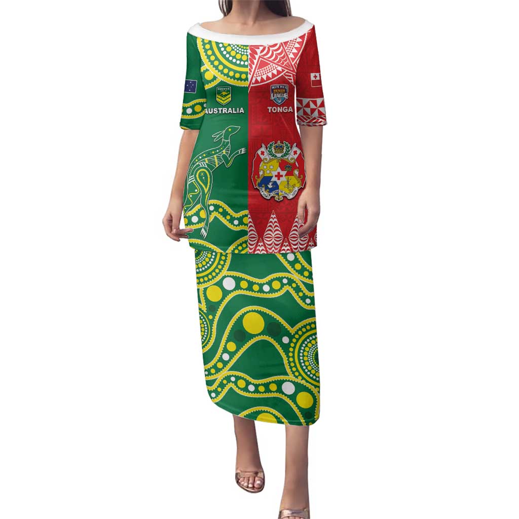 Custom Tonga XIII And Australia Kangaroos Family Matching Puletasi and Hawaiian Shirt Mate Maa Tongan Ngatu With Aboriginal LT05 Mom's Dress Red - Polynesian Pride