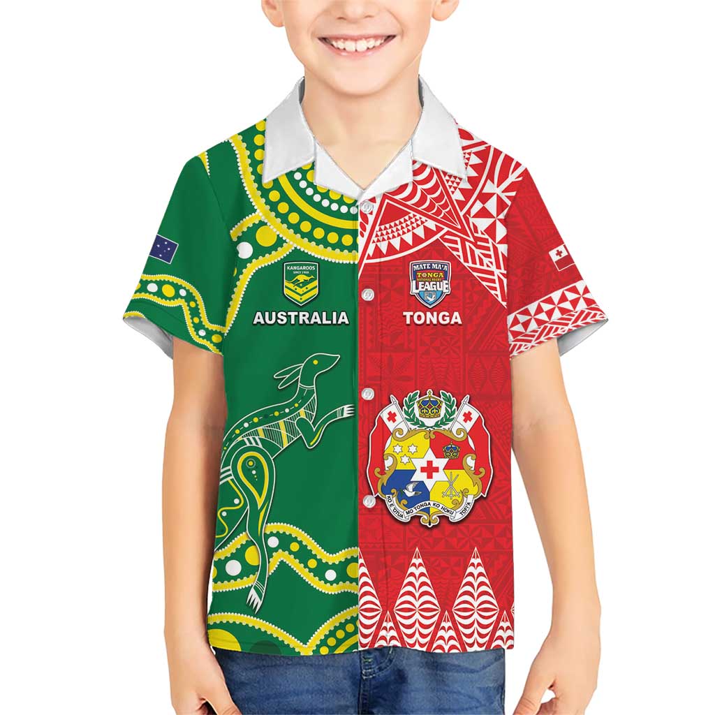 Custom Tonga XIII And Australia Kangaroos Family Matching Short Sleeve Bodycon Dress and Hawaiian Shirt Mate Maa Tongan Ngatu With Aboriginal