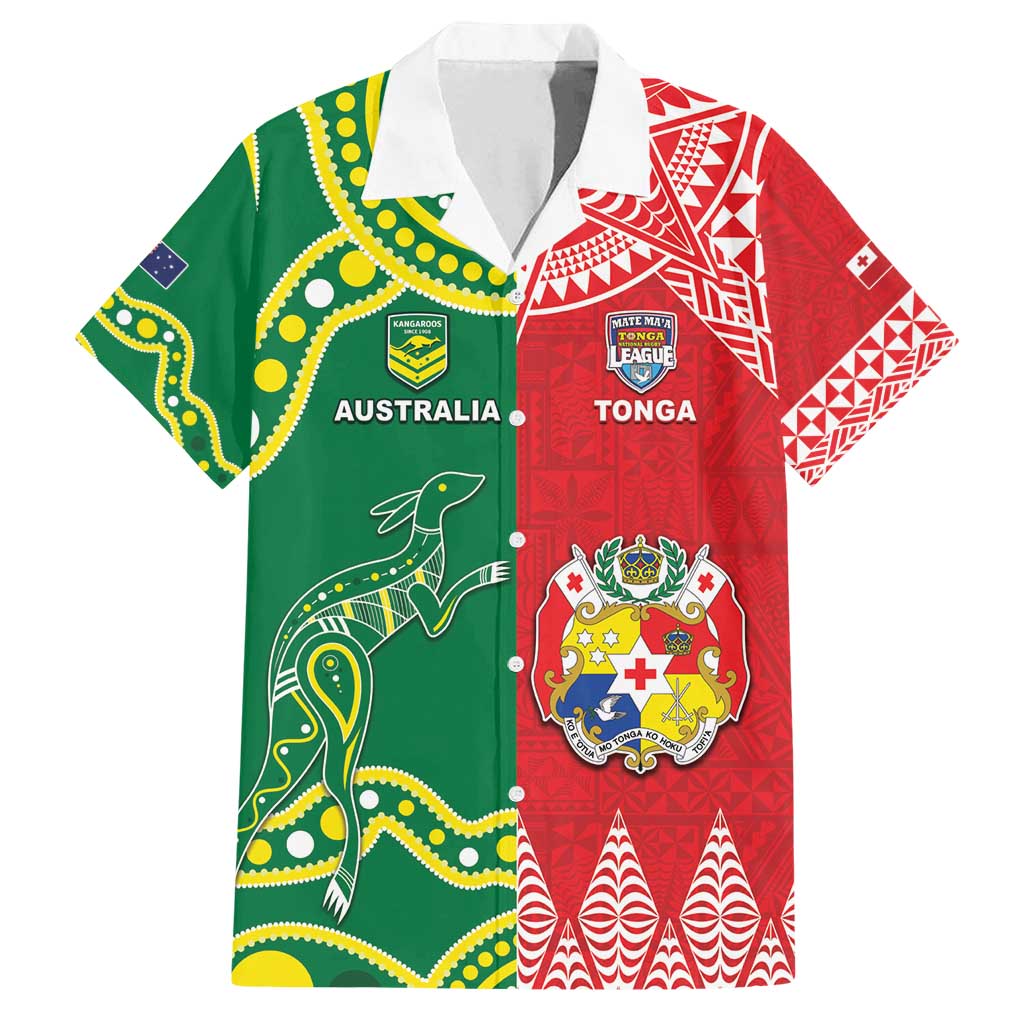 Custom Tonga XIII And Australia Kangaroos Family Matching Tank Maxi Dress and Hawaiian Shirt Mate Maa Tongan Ngatu With Aboriginal LT05 Dad's Shirt - Short Sleeve Red - Polynesian Pride