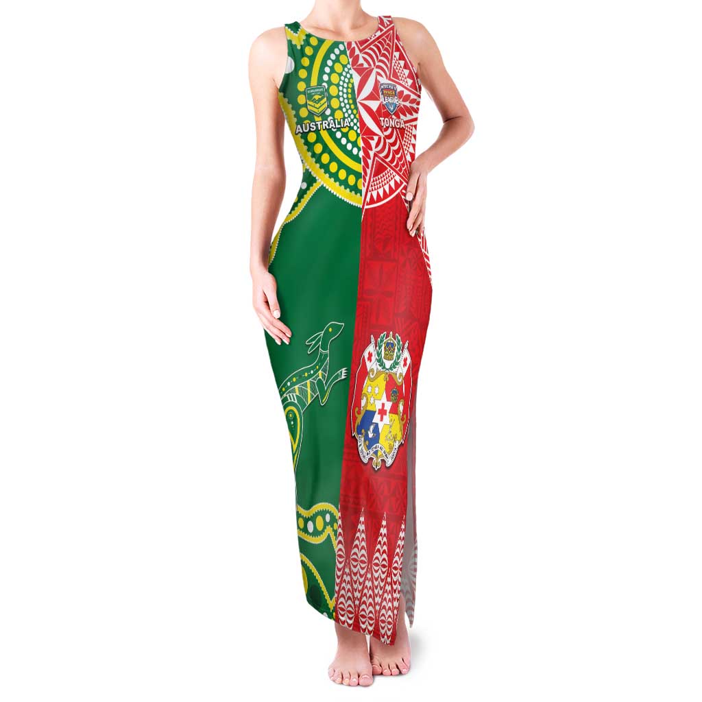 Custom Tonga XIII And Australia Kangaroos Family Matching Tank Maxi Dress and Hawaiian Shirt Mate Maa Tongan Ngatu With Aboriginal LT05 Mom's Dress Red - Polynesian Pride