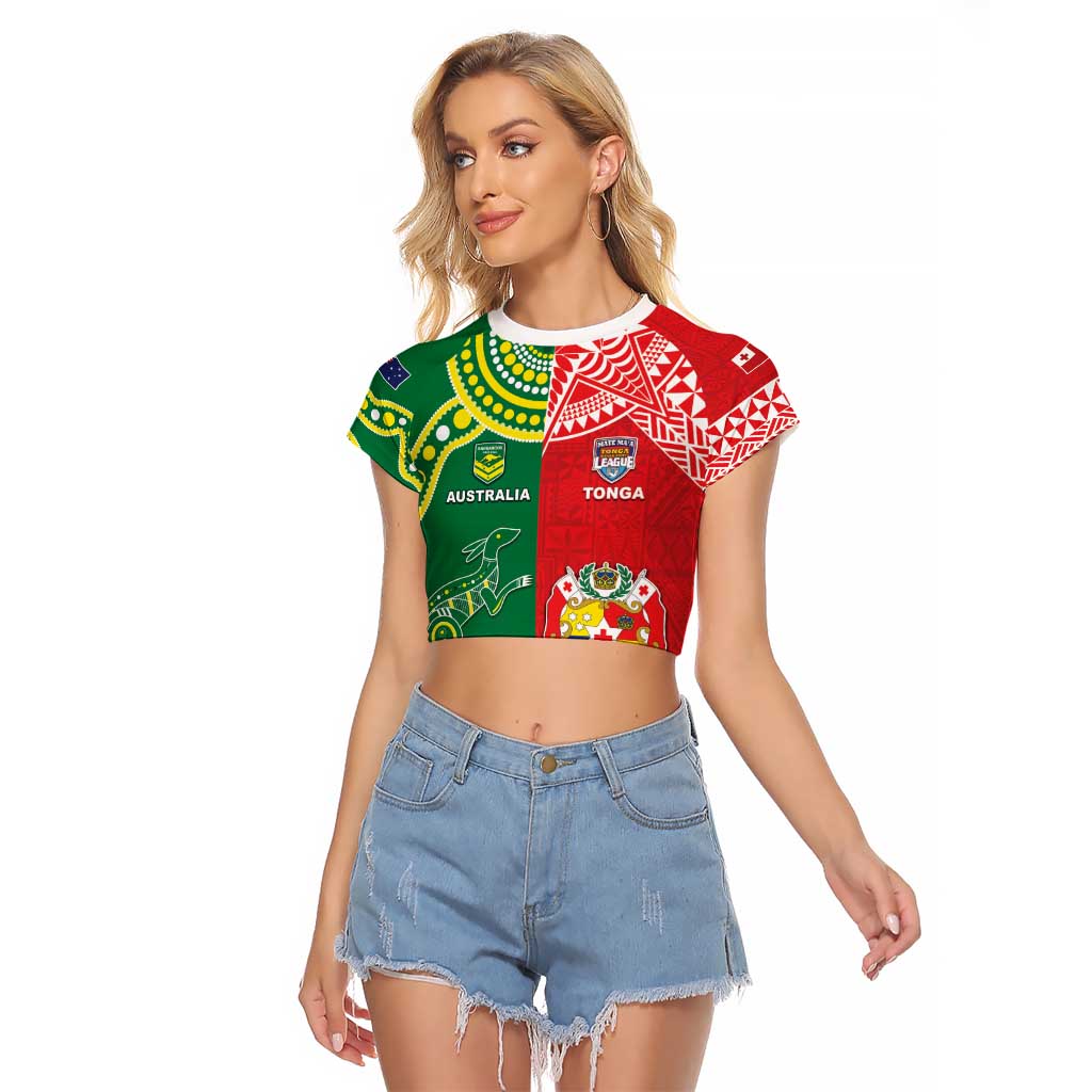 Custom Tonga XIII And Australia Kangaroos Raglan Cropped T Shirt Mate Maa Tongan Ngatu With Aboriginal