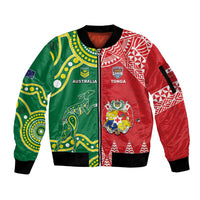 Custom Tonga XIII And Australia Kangaroos Sleeve Zip Bomber Jacket Mate Maa Tongan Ngatu With Aboriginal