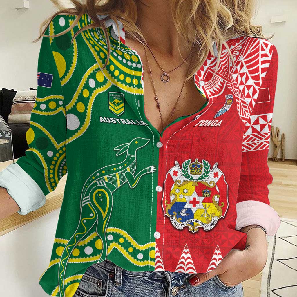 Custom Tonga XIII And Australia Kangaroos Women Casual Shirt Mate Maa Tongan Ngatu With Aboriginal