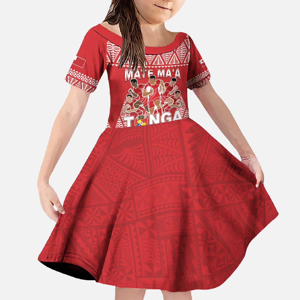 Custom Tonga Rugby Family Matching Off The Shoulder Long Sleeve Dress and Hawaiian Shirt Tonga Mate Ma'a Take The Lead LT05 Daughter's Dress Red - Polynesian Pride