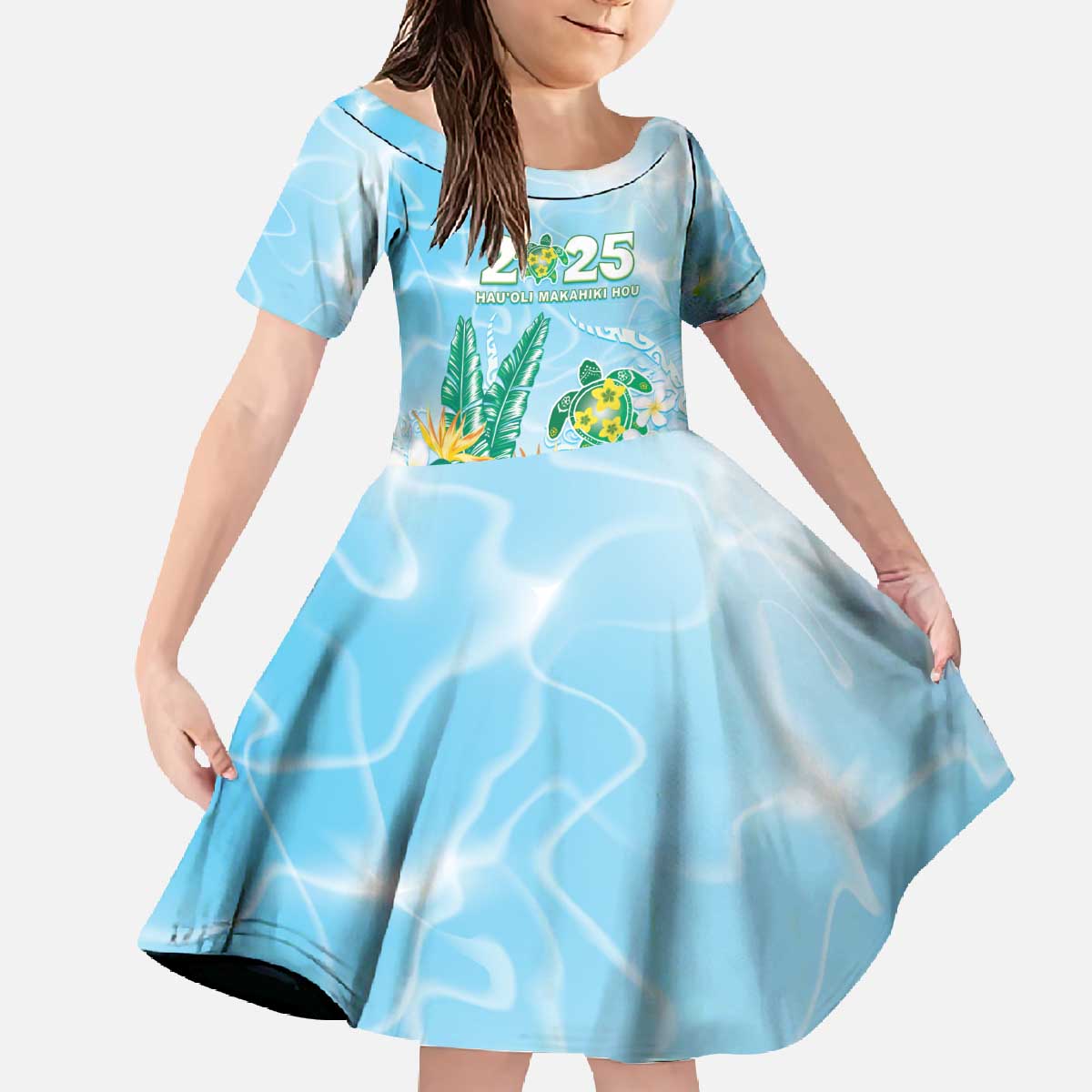 Personalised 2025 Aloha Hawaii Family Matching Off The Shoulder Long Sleeve Dress and Hawaiian Shirt Tropical Flowers And Honu LT05 Daughter's Dress Blue - Polynesian Pride