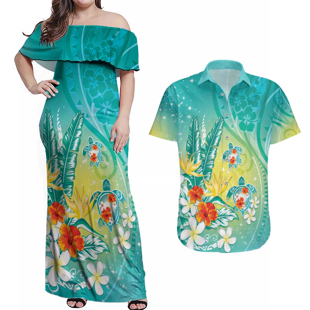 Hawaii Honu Couples Matching Off Shoulder Maxi Dress and Hawaiian Shirt Tropical Flowers Turquoise Gradient LT05 Turquoise - Polynesian Pride