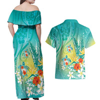 Hawaii Honu Couples Matching Off Shoulder Maxi Dress and Hawaiian Shirt Tropical Flowers Turquoise Gradient LT05 - Polynesian Pride