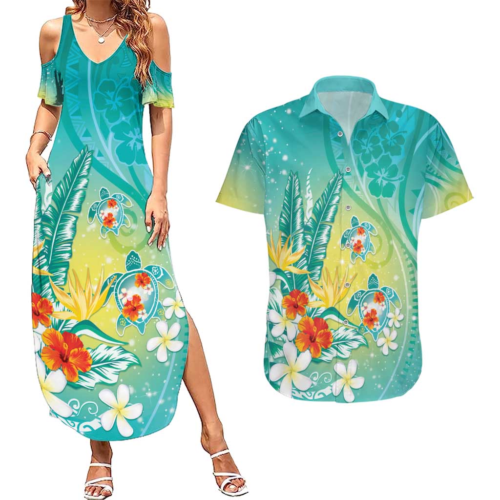 Hawaii Honu Couples Matching Summer Maxi Dress and Hawaiian Shirt Tropical Flowers Turquoise Gradient