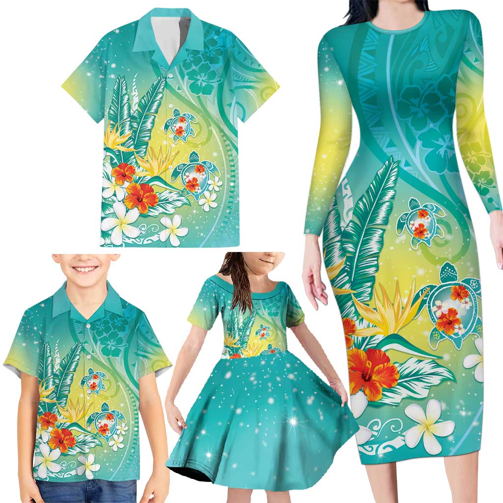 Hawaii Honu Family Matching Long Sleeve Bodycon Dress and Hawaiian Shirt Tropical Flowers Turquoise Gradient LT05 - Polynesian Pride