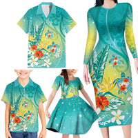 Hawaii Honu Family Matching Long Sleeve Bodycon Dress and Hawaiian Shirt Tropical Flowers Turquoise Gradient LT05 - Polynesian Pride