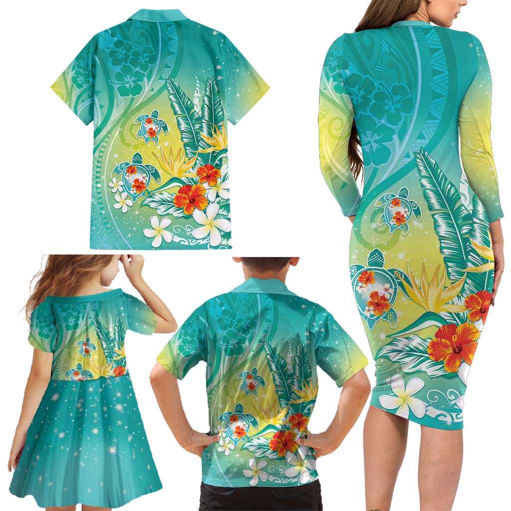 Hawaii Honu Family Matching Long Sleeve Bodycon Dress and Hawaiian Shirt Tropical Flowers Turquoise Gradient LT05 - Polynesian Pride
