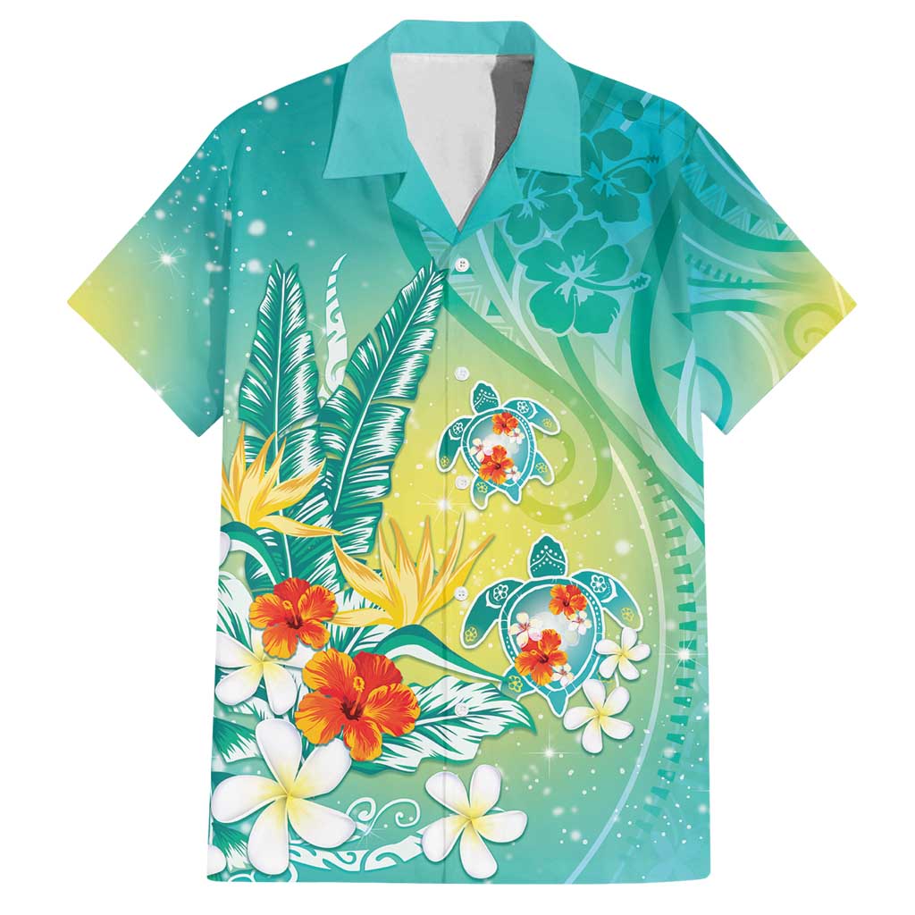 Hawaii Honu Family Matching Long Sleeve Bodycon Dress and Hawaiian Shirt Tropical Flowers Turquoise Gradient LT05 Dad's Shirt - Short Sleeve Turquoise - Polynesian Pride