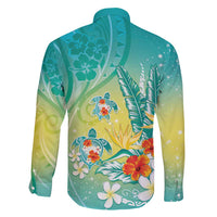 Hawaii Honu Family Matching Long Sleeve Bodycon Dress and Hawaiian Shirt Tropical Flowers Turquoise Gradient LT05 - Polynesian Pride