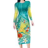Hawaii Honu Family Matching Long Sleeve Bodycon Dress and Hawaiian Shirt Tropical Flowers Turquoise Gradient LT05 Mom's Dress Turquoise - Polynesian Pride