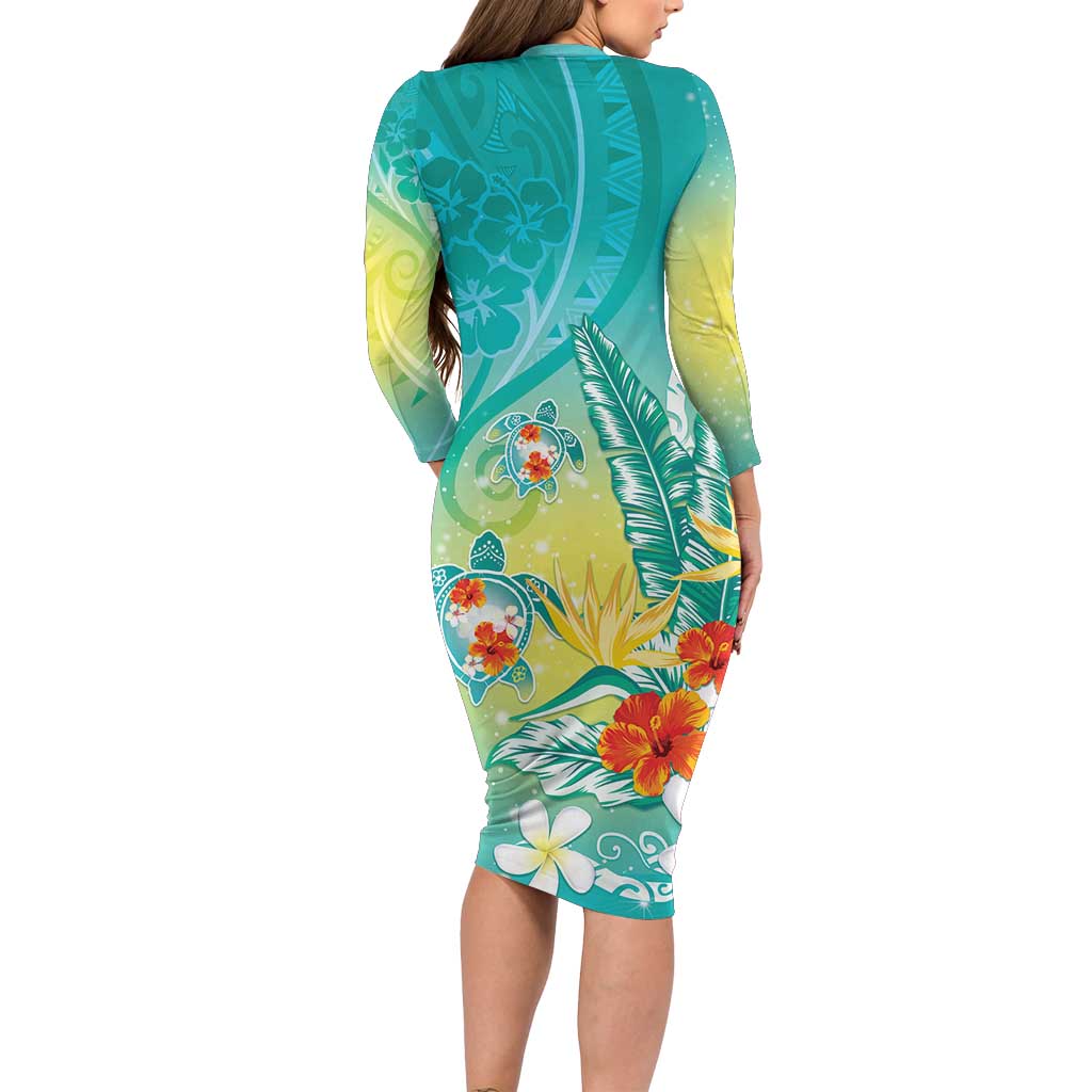 Hawaii Honu Family Matching Long Sleeve Bodycon Dress and Hawaiian Shirt Tropical Flowers Turquoise Gradient LT05 - Polynesian Pride