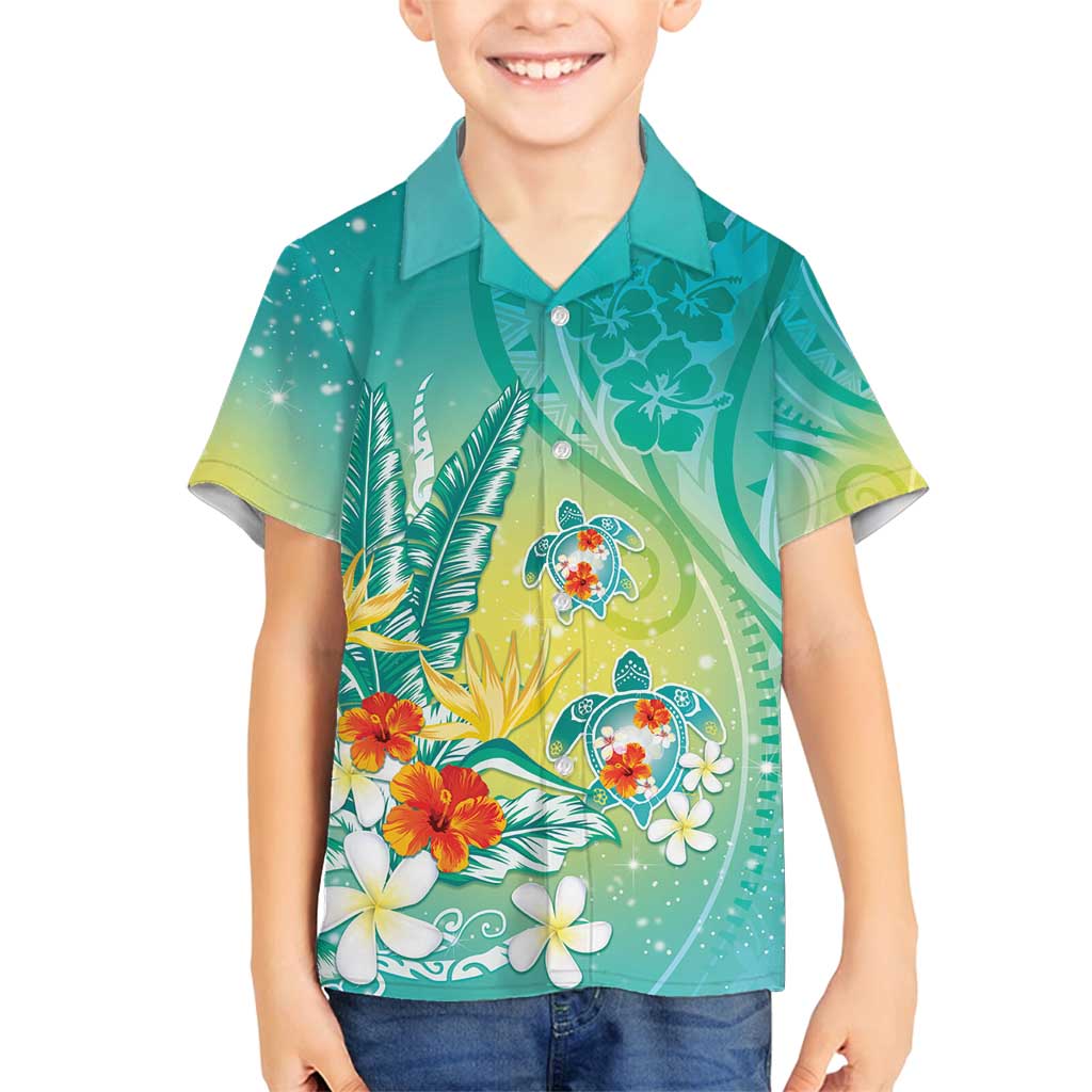 Hawaii Honu Family Matching Long Sleeve Bodycon Dress and Hawaiian Shirt Tropical Flowers Turquoise Gradient LT05 Son's Shirt Turquoise - Polynesian Pride