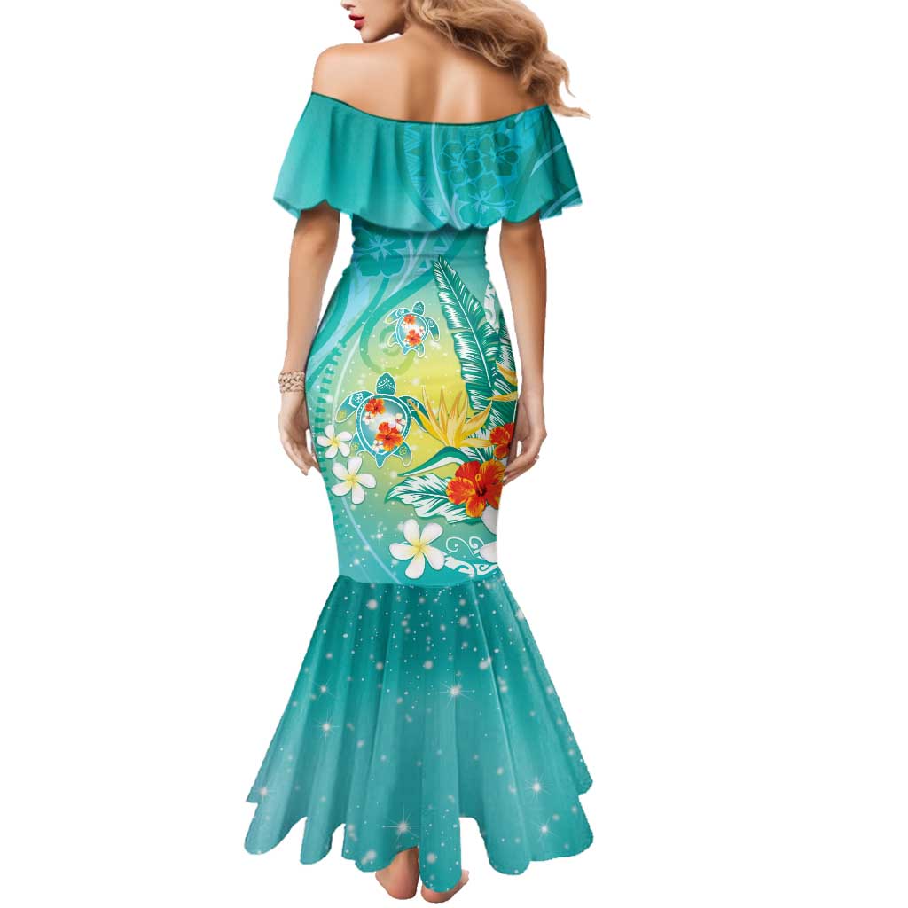 Hawaii Honu Family Matching Mermaid Dress and Hawaiian Shirt Tropical Flowers Turquoise Gradient