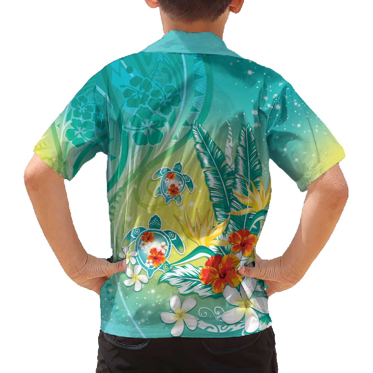 Hawaii Honu Family Matching Off The Shoulder Long Sleeve Dress and Hawaiian Shirt Tropical Flowers Turquoise Gradient LT05 - Polynesian Pride