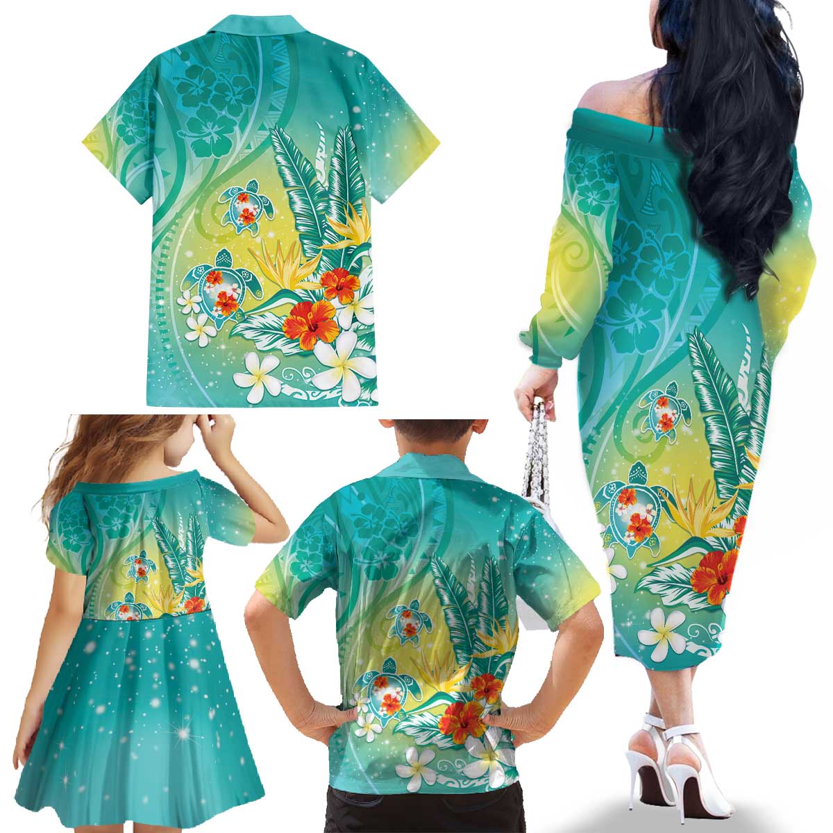 Hawaii Honu Family Matching Off The Shoulder Long Sleeve Dress and Hawaiian Shirt Tropical Flowers Turquoise Gradient LT05 - Polynesian Pride