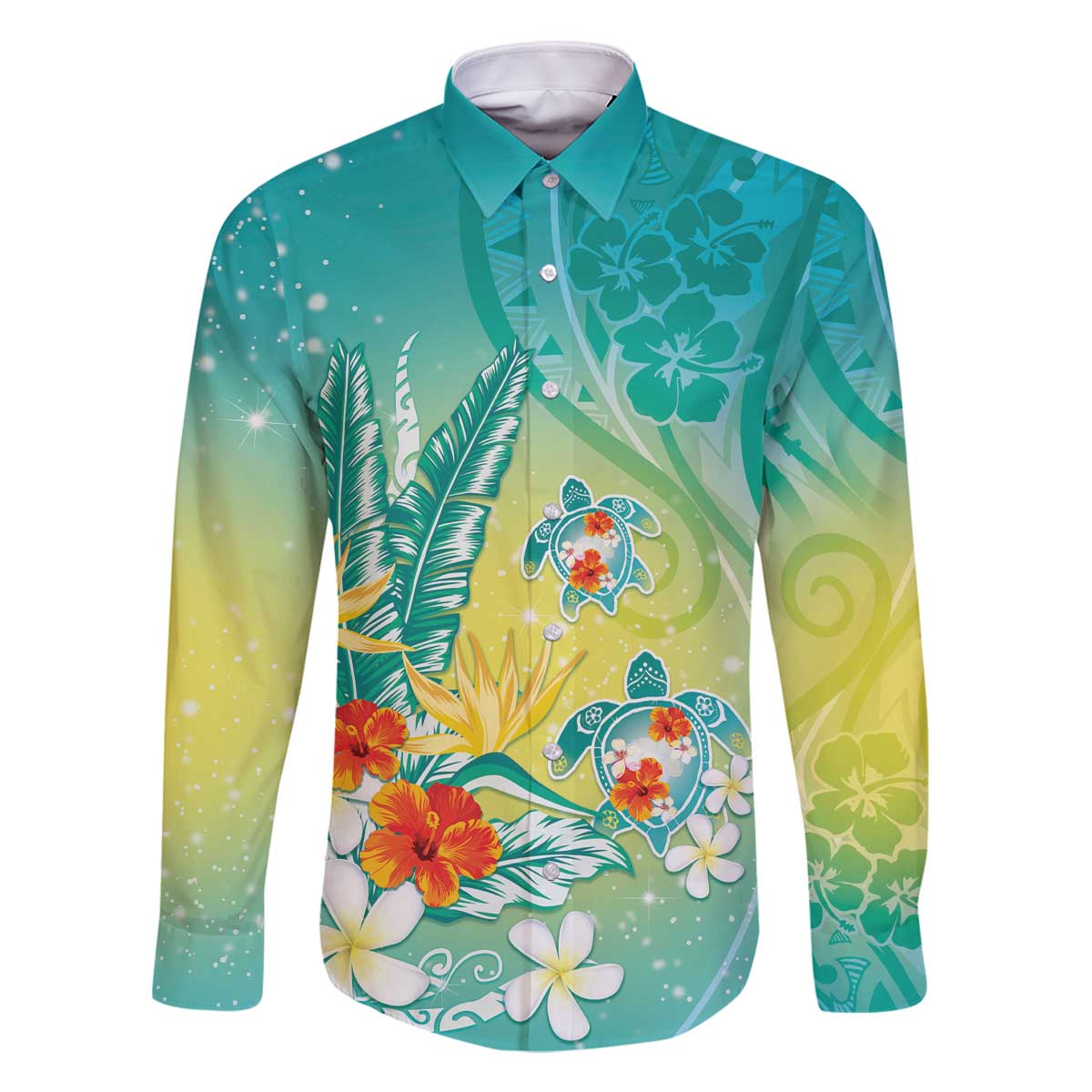 Hawaii Honu Family Matching Off The Shoulder Long Sleeve Dress and Hawaiian Shirt Tropical Flowers Turquoise Gradient LT05 Dad's Shirt - Long Sleeve Turquoise - Polynesian Pride