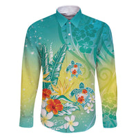 Hawaii Honu Family Matching Off The Shoulder Long Sleeve Dress and Hawaiian Shirt Tropical Flowers Turquoise Gradient LT05 Dad's Shirt - Long Sleeve Turquoise - Polynesian Pride