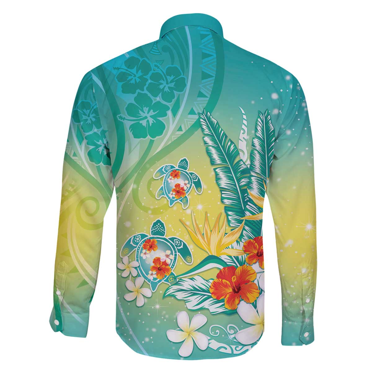 Hawaii Honu Family Matching Off The Shoulder Long Sleeve Dress and Hawaiian Shirt Tropical Flowers Turquoise Gradient LT05 - Polynesian Pride