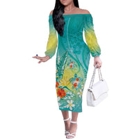 Hawaii Honu Family Matching Off The Shoulder Long Sleeve Dress and Hawaiian Shirt Tropical Flowers Turquoise Gradient LT05 Mom's Dress Turquoise - Polynesian Pride