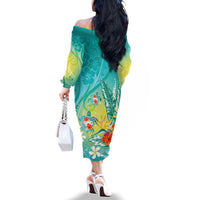 Hawaii Honu Family Matching Off The Shoulder Long Sleeve Dress and Hawaiian Shirt Tropical Flowers Turquoise Gradient LT05 - Polynesian Pride