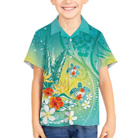 Hawaii Honu Family Matching Off Shoulder Maxi Dress and Hawaiian Shirt Tropical Flowers Turquoise Gradient LT05 Son's Shirt Turquoise - Polynesian Pride