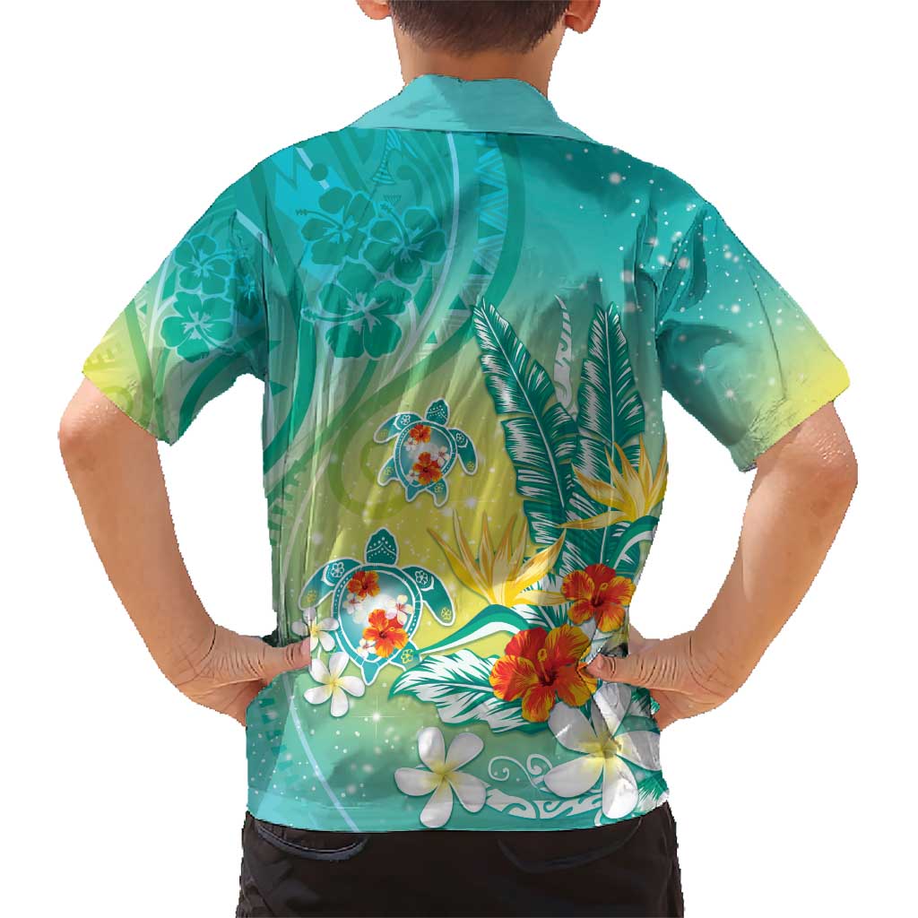 Hawaii Honu Family Matching Short Sleeve Bodycon Dress and Hawaiian Shirt Tropical Flowers Turquoise Gradient