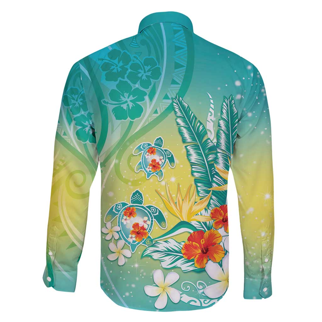 Hawaii Honu Family Matching Short Sleeve Bodycon Dress and Hawaiian Shirt Tropical Flowers Turquoise Gradient