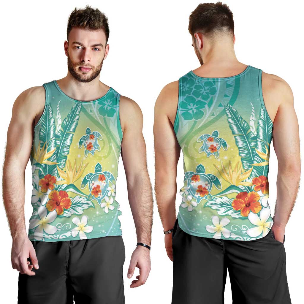 Hawaii Honu Men Tank Top Tropical Flowers Turquoise Gradient