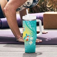 Hawaii Honu Tumbler With Handle Tropical Flowers Turquoise Gradient