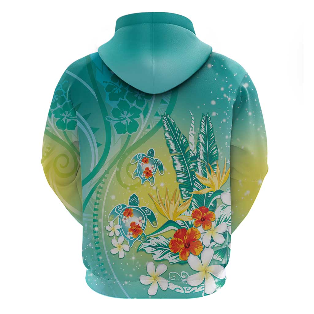 Hawaii Honu Zip Hoodie Tropical Flowers Turquoise Gradient