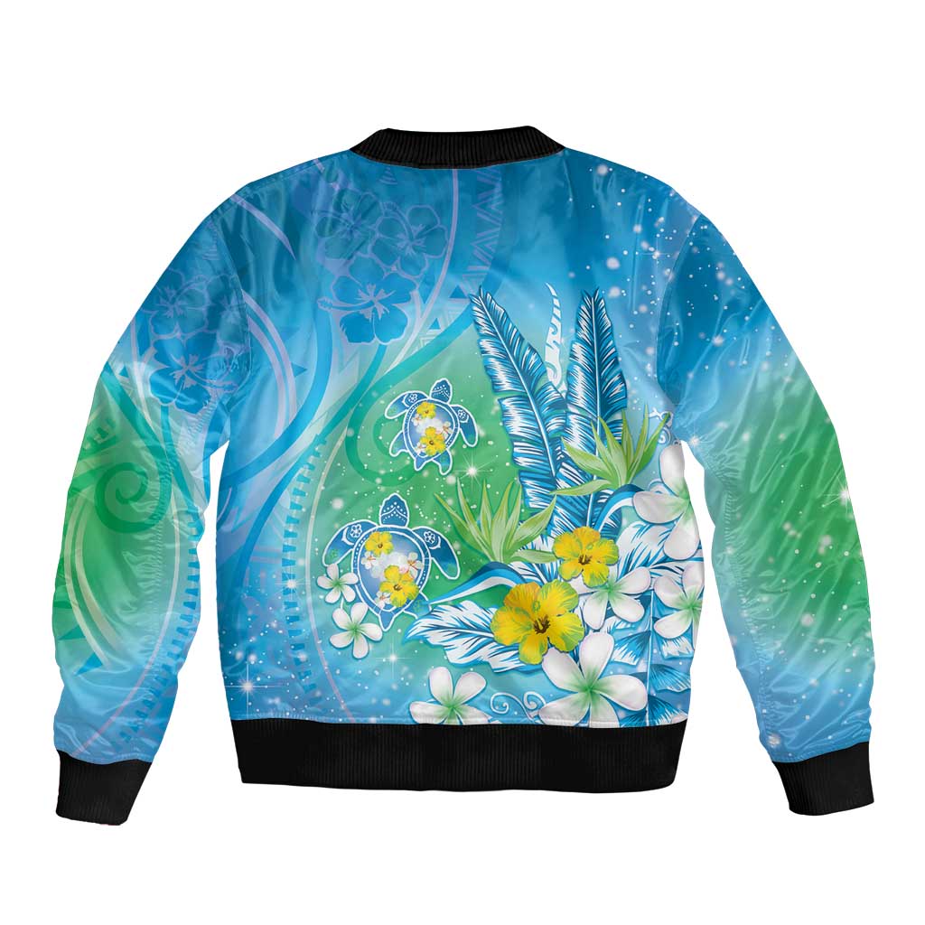 Hawaii Honu Bomber Jacket Tropical Flowers Blue Gradient