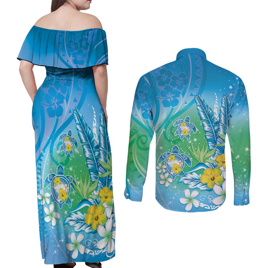 Hawaii Honu Couples Matching Off Shoulder Maxi Dress and Long Sleeve Button Shirt Tropical Flowers Blue Gradient