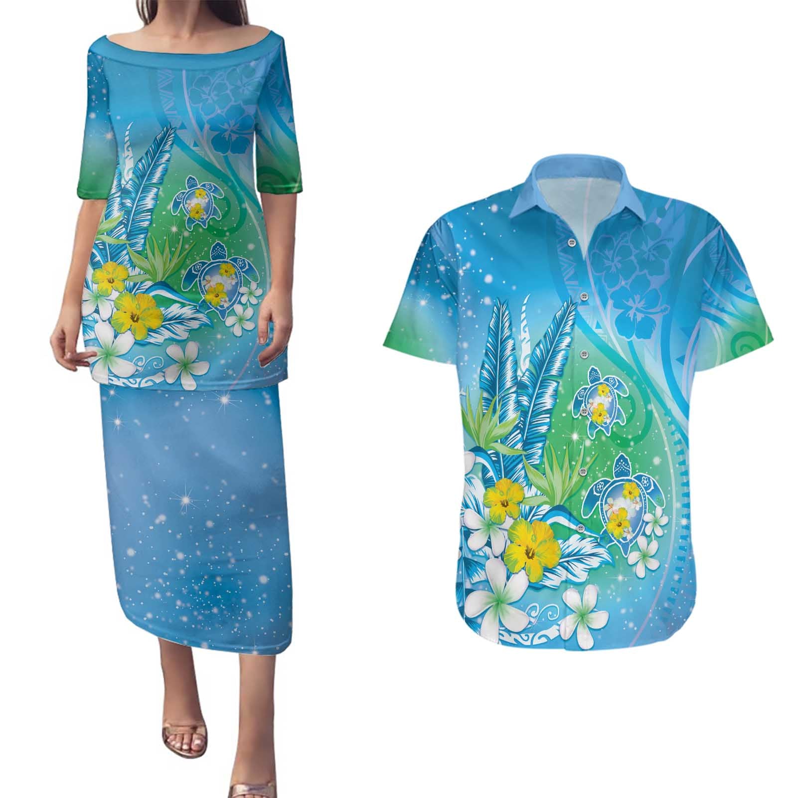 Hawaii Honu Couples Matching Puletasi and Hawaiian Shirt Tropical Flowers Blue Gradient